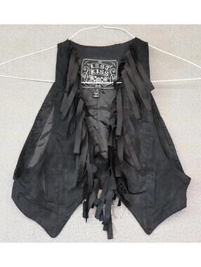 Last Kiss Womens Vest Small Black Faux Suede Frill y2k